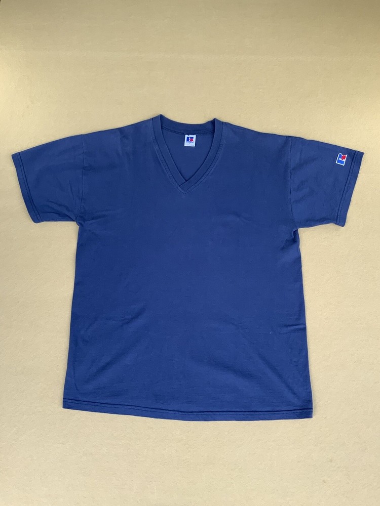 Vintage Russell Men's LARGE T Shirt V Neck Blue Single Stitch MADE USA