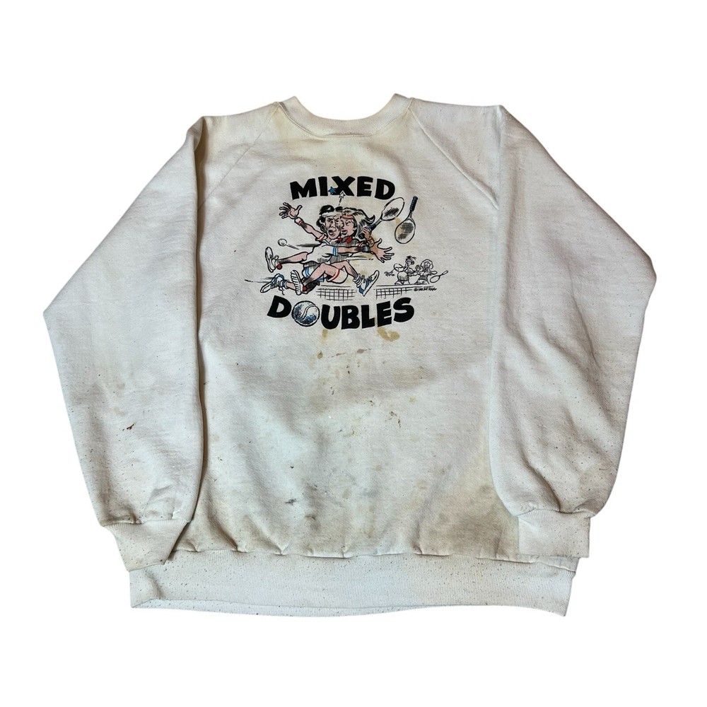 Vintage 80s Mixed Doubles Tennis Distressed Crewneck Sweatshirt Large Grunge