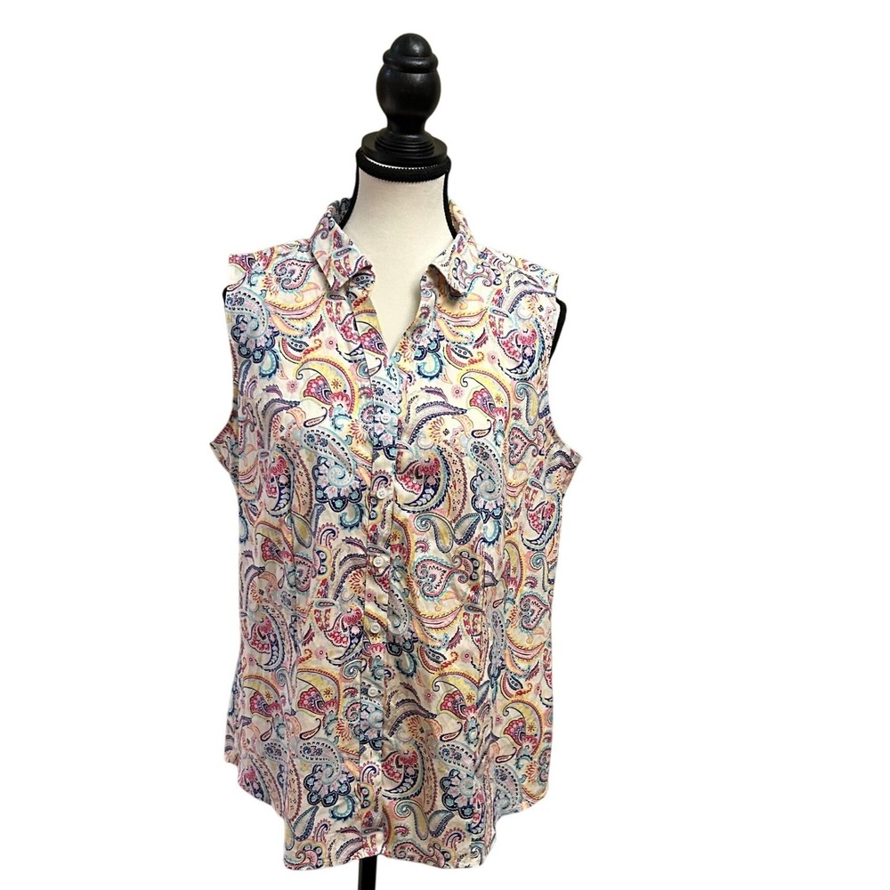 Talbots Womens Sleeveless Button Down Shirt Paisley Print Non Iron Size 12