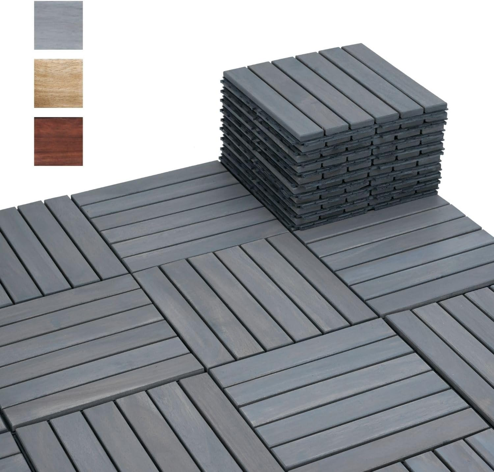 Acacia Wood Interlocking Deck Tiles 12x12 All Weather Outdoor Flooring-image