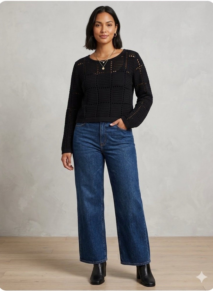 NWT Ultra Pink  Crochet Open Knit Crop Long Sleeve Sweater Black Women's Sz M