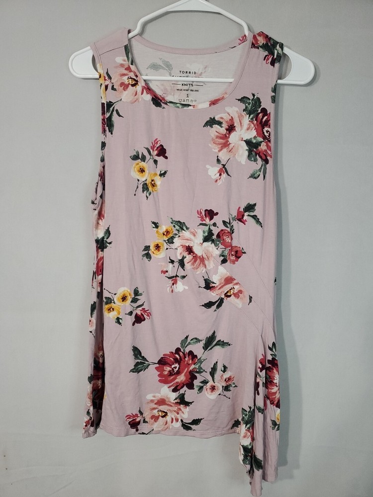Torrid Blouse Women's Size 1/1X Pink Sleeveless Floral Asymmetrical HEM