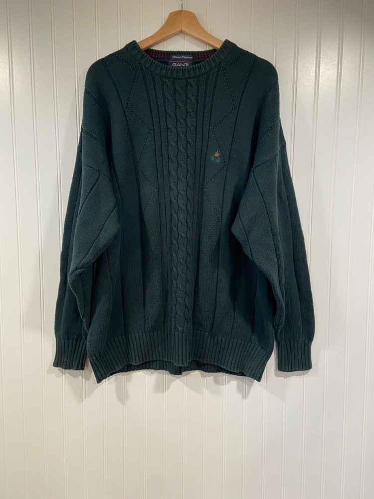 Vintage GANT Sweater Men XL Green Pullover Hand Framed Cable Knit Cotton 90s
