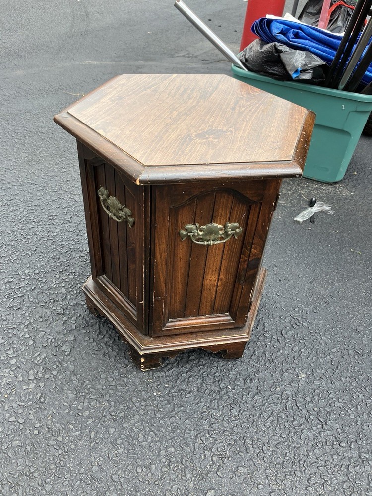 Hexagonal Wooden End Table with Carved Handles