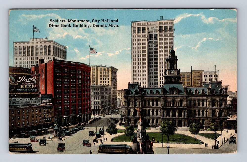 Detroit MI-Michigan, City Hall And Dime Bank Building, Vintage Souvenir Postcard