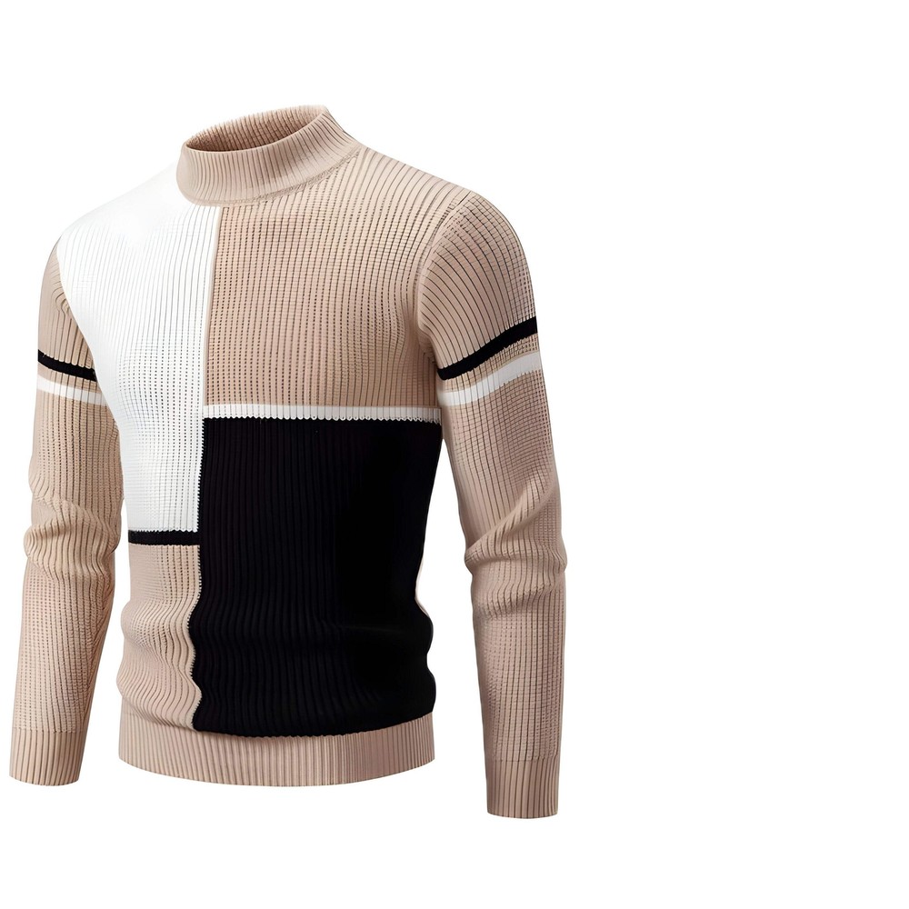 Men's Stylish Half Turtleneck Color Block Knit Pullover - Polyester Casual Top
