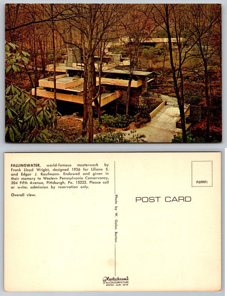 Fallingwater Frank Lloyd Wright Home Postcard PA Architecture Plastichrome