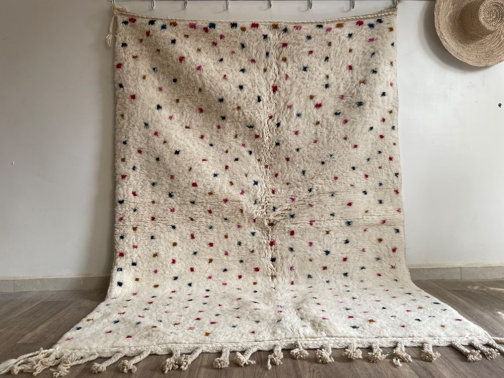 Design Moroccan Berber Beni Ourain Wool Rug Color White Multi Handmade Carpet Ru