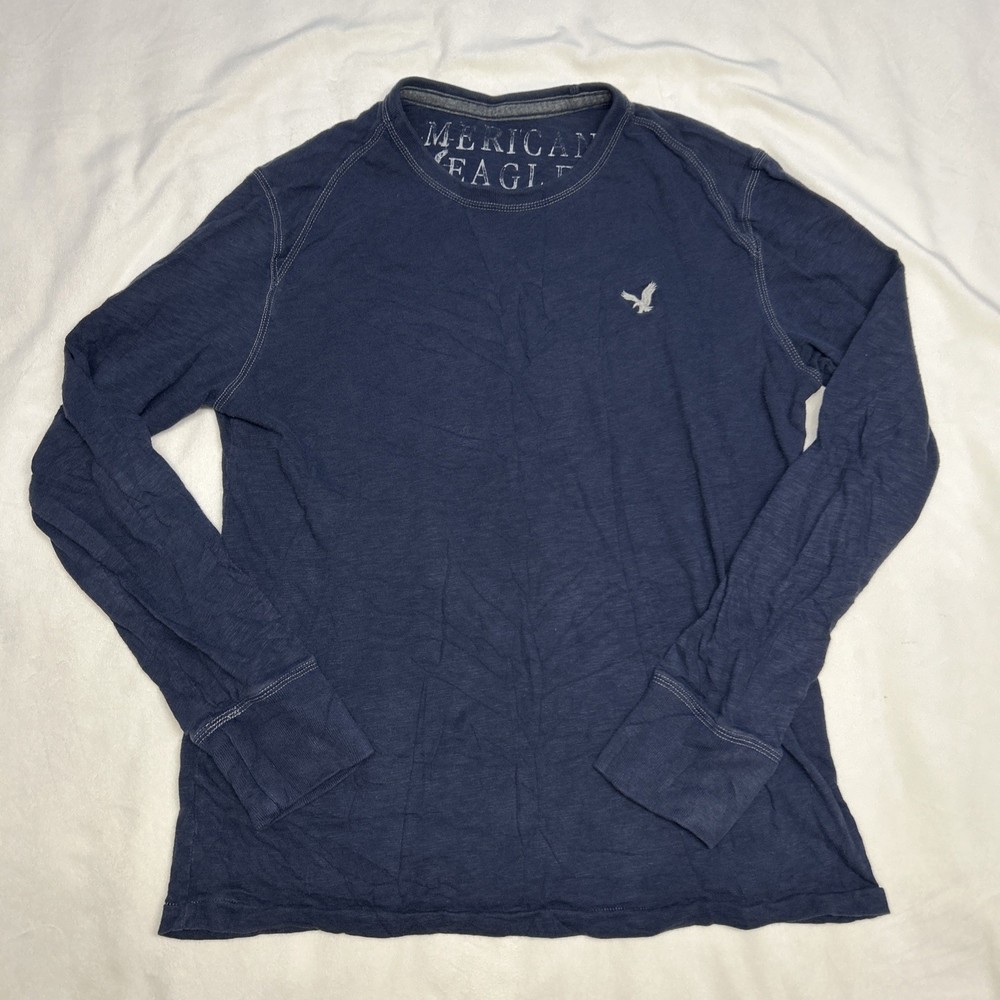 American Eagle Men's Blue Super Soft Long Sleeve Crew Neck T-Shirt Small