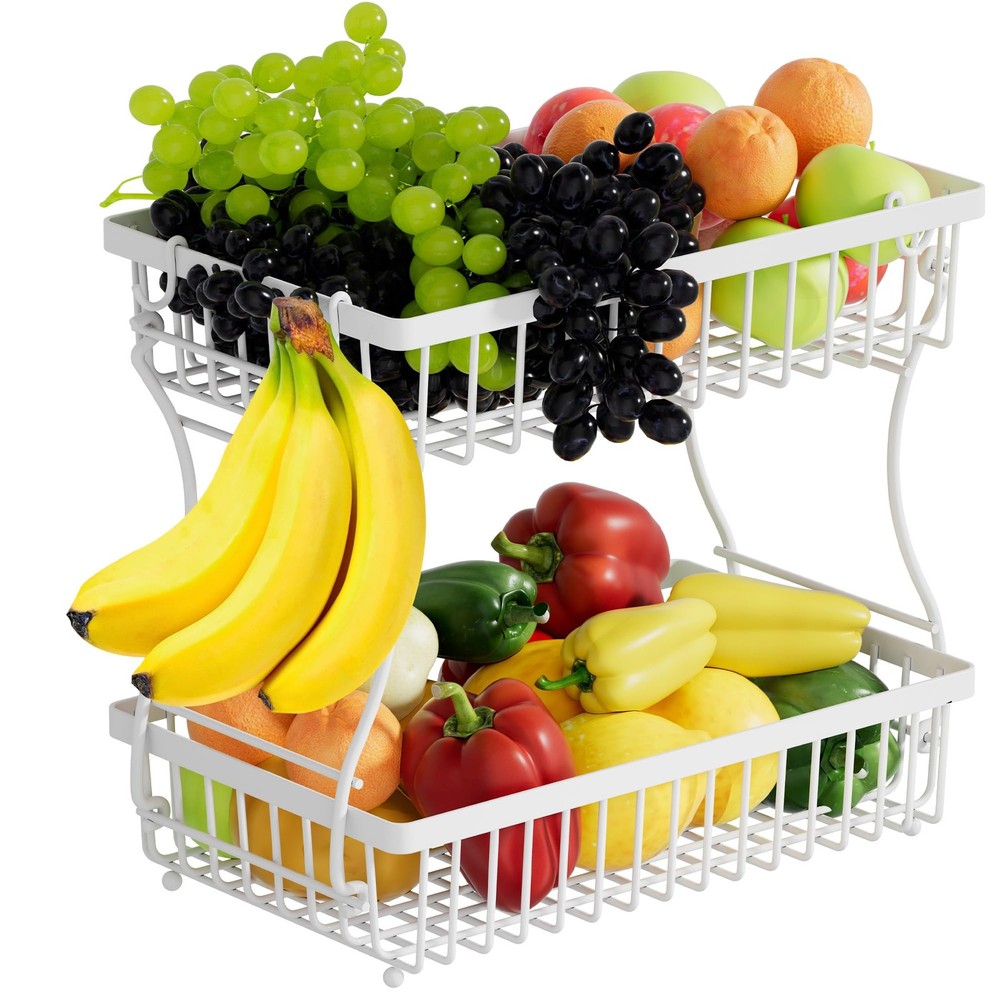 Fruit Basket,2-Tier Fruit Bowl with Banana Hanger,Kitchen Storage Countertop ...