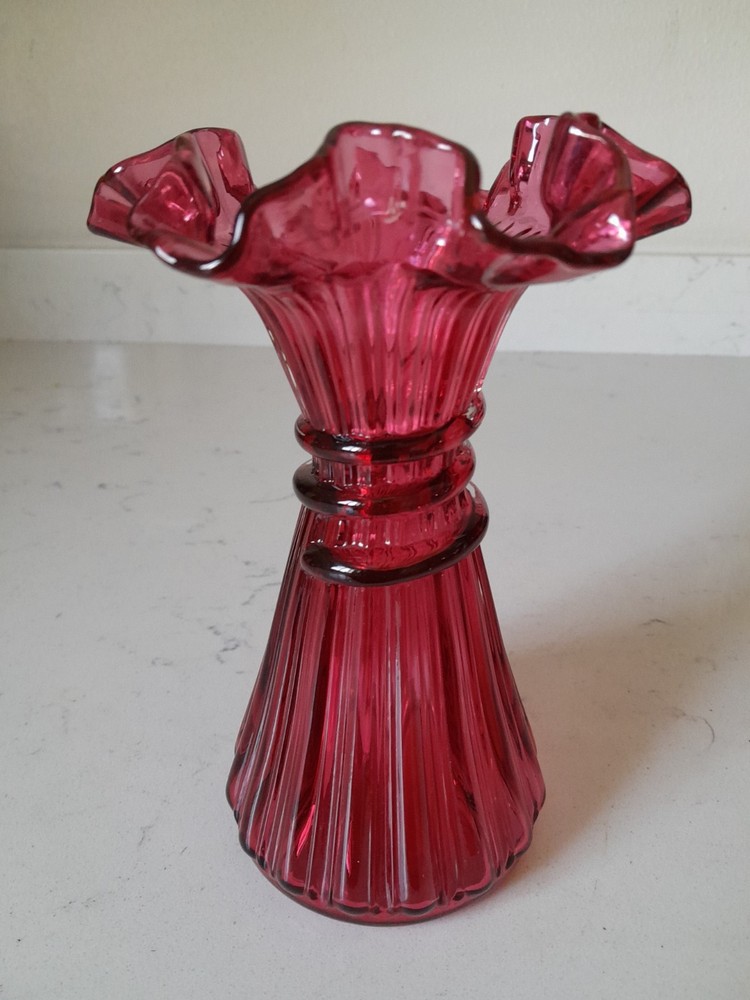 Vintage MCM Fenton Cranberry Wheat Glass Vase Ruffled Edge 7.25 Inch