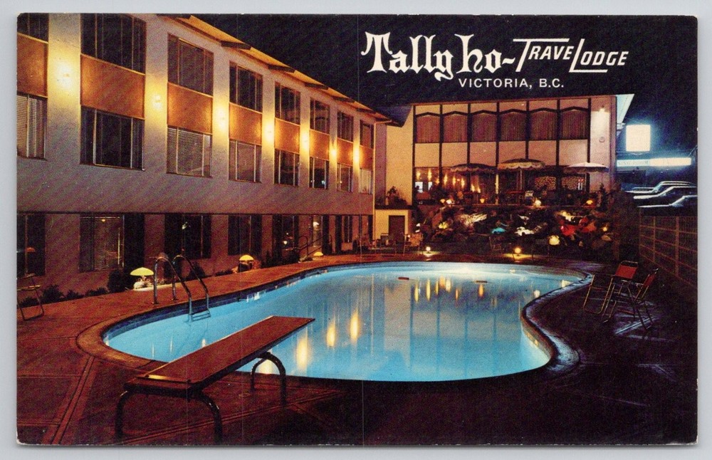 Tally Ho Travelodge Victoria BC Postcard - Night View Pool & Hotel