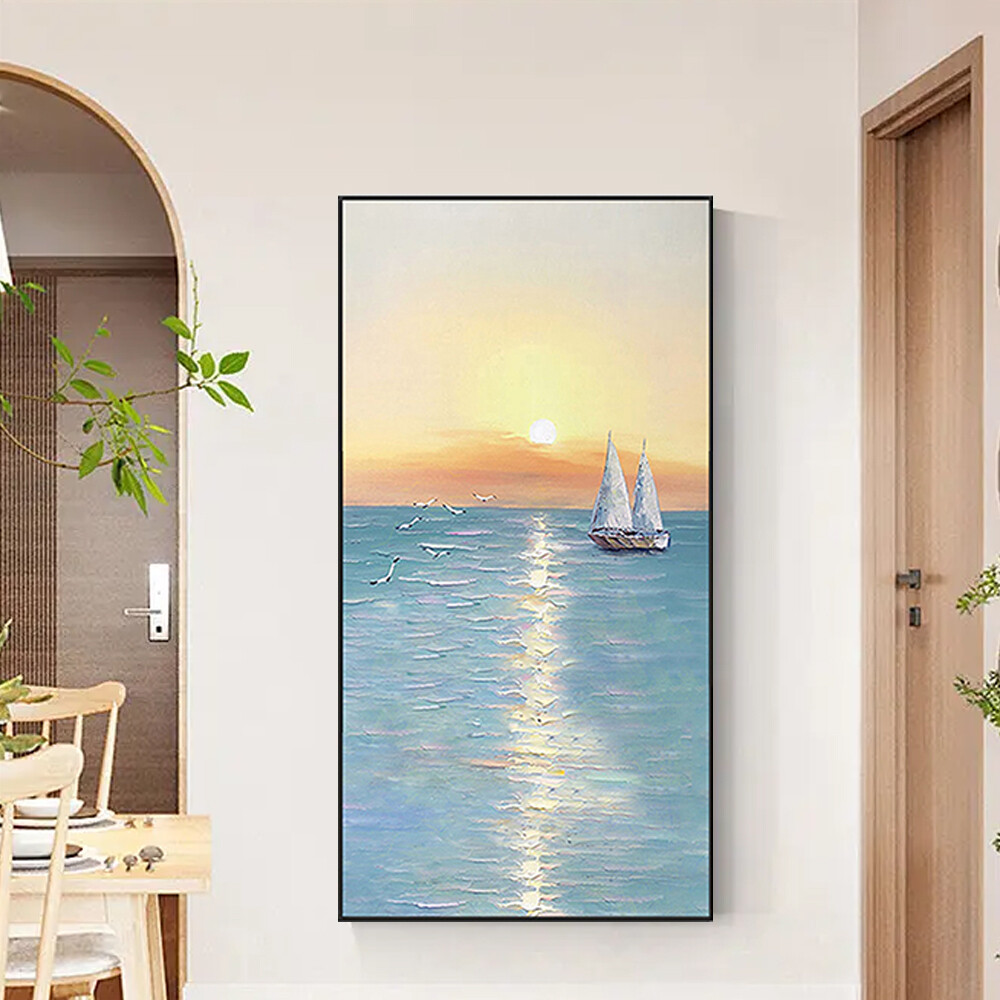 Seaside Scenery Oil Painting Wall Canvas Home Art Hand Sunset Boat Landscape A