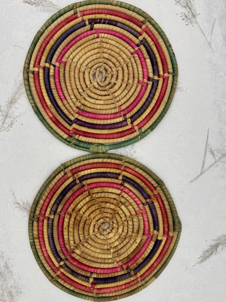 Vintage 70s Rattan Trivet Set of 2 Round 7 Inch Coiled Wicker Hot Pads Mexico