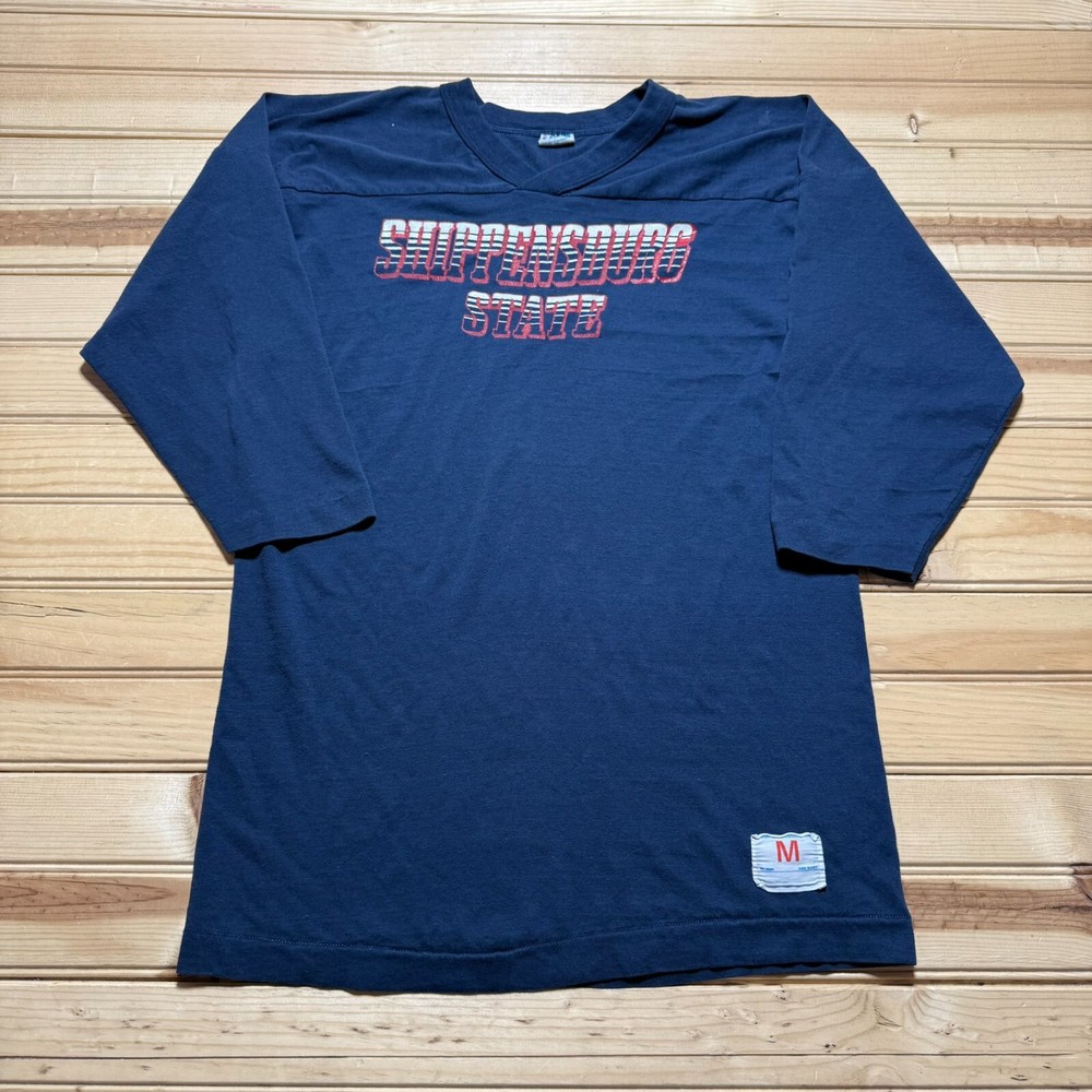 Vintage 70s Champion Blue Bar Shippensburg State Football Raglan Shirt Medium