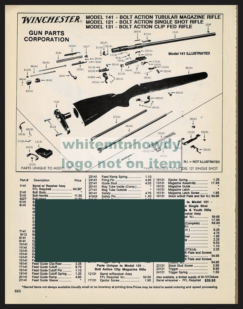1995 WINCHESTER Model 141, 121 and 131Bolt Action Rifle Schematic Parts List AD