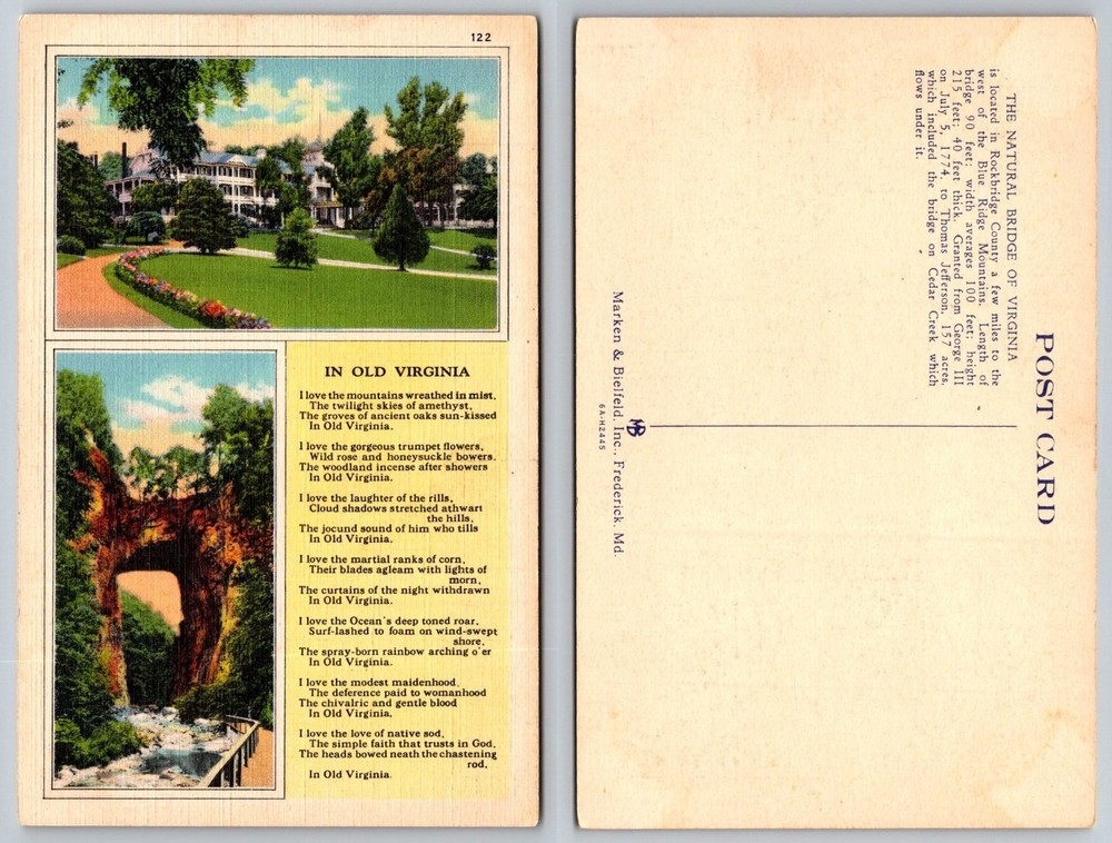 Natural Bridge Virginia & Hotel Linen Postcard Old Virginia Poem