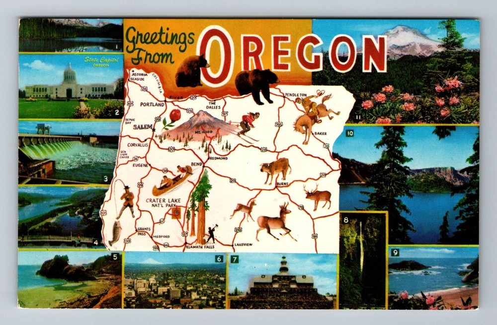 OR-Oregon, Map Greetings, Landmarks, Vintage Postcard