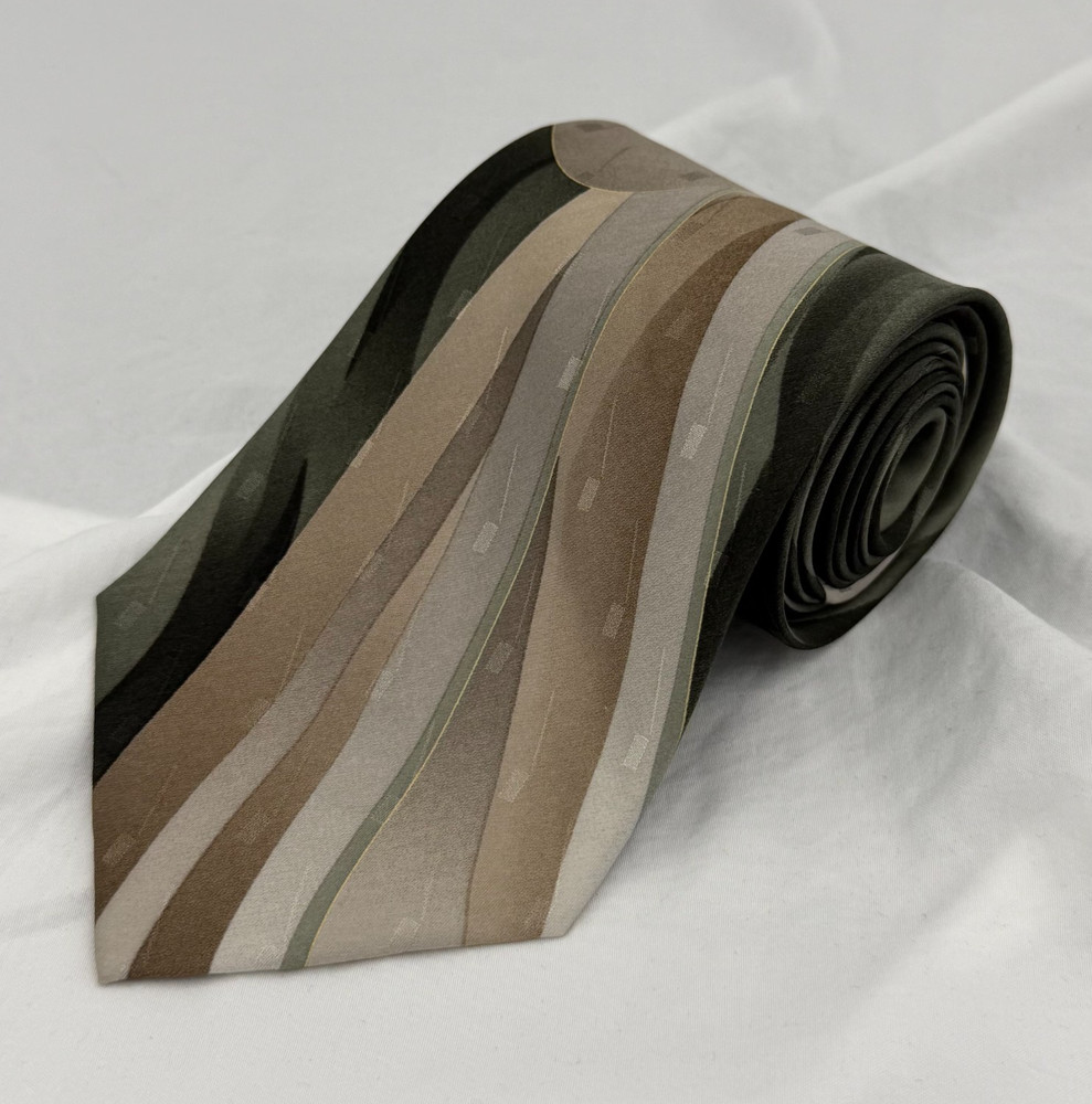 Pierre Cardin 100% Silk Tie Brown Tan Olive Abstract Stripe Pattern Korea