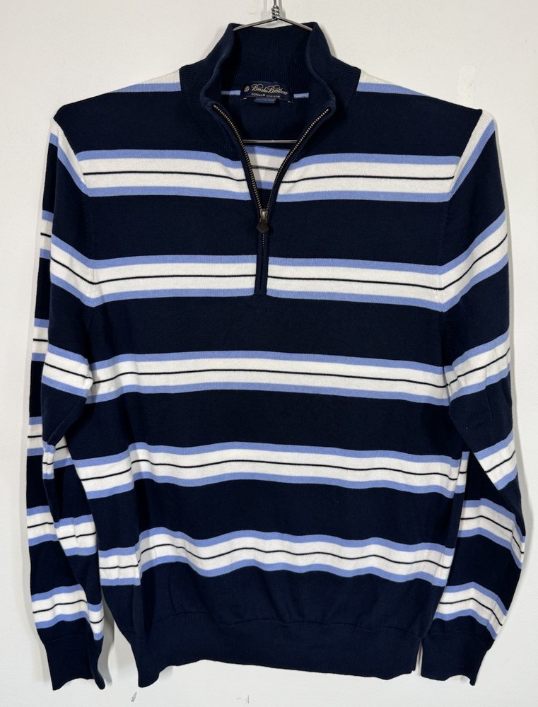 Brooks Brothers Men’s  1/4 Zip Supima Cotton Sweater Blue White Stripe Size L