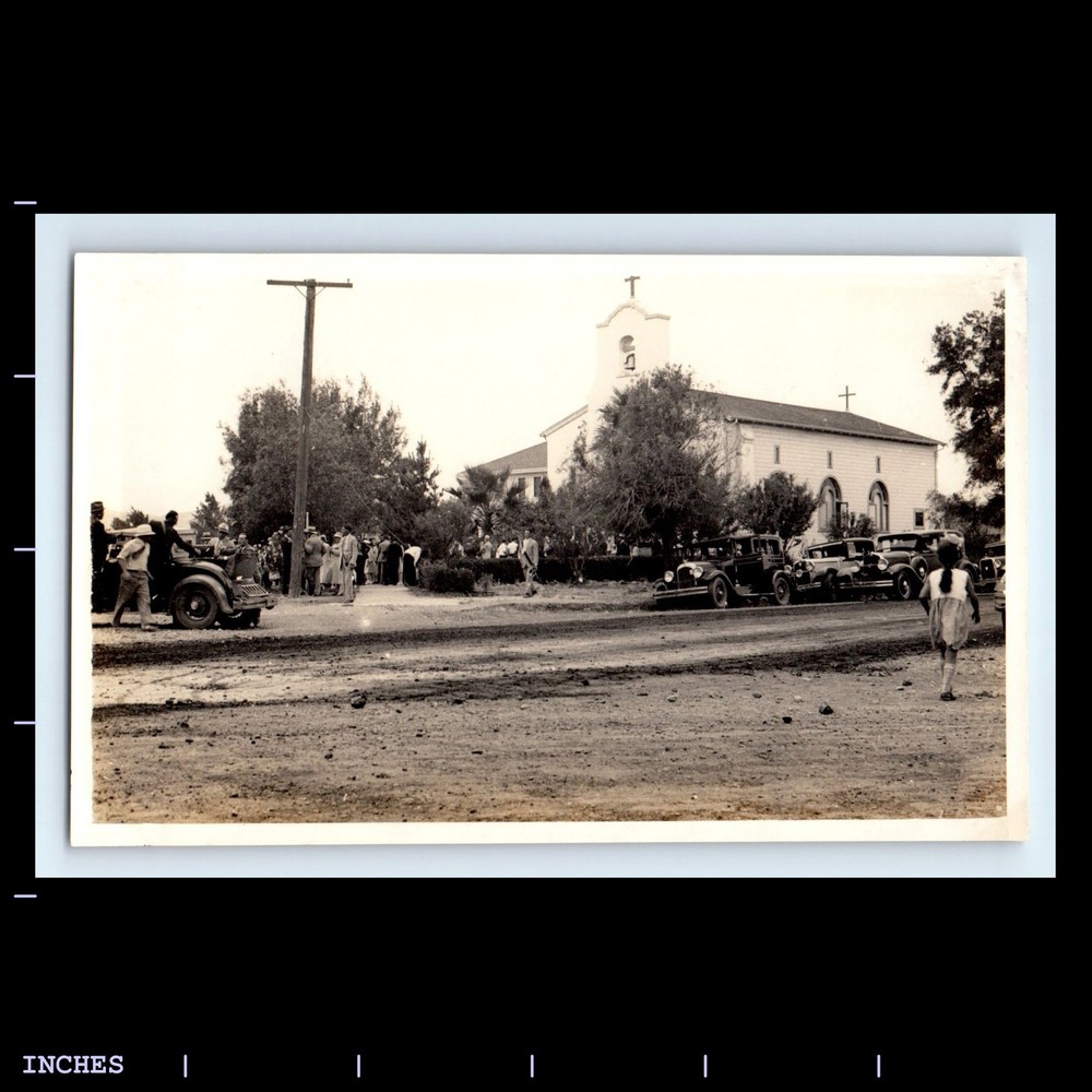 Old Vintage Photo STREET SCENE CHURCH CLASSIC CARS