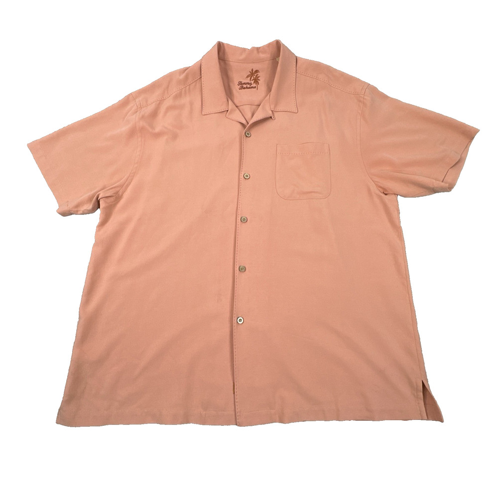 Tommy Bahama Men's XL Silk Short Sleeve Button Up Shirt Peach Salmon Solid
