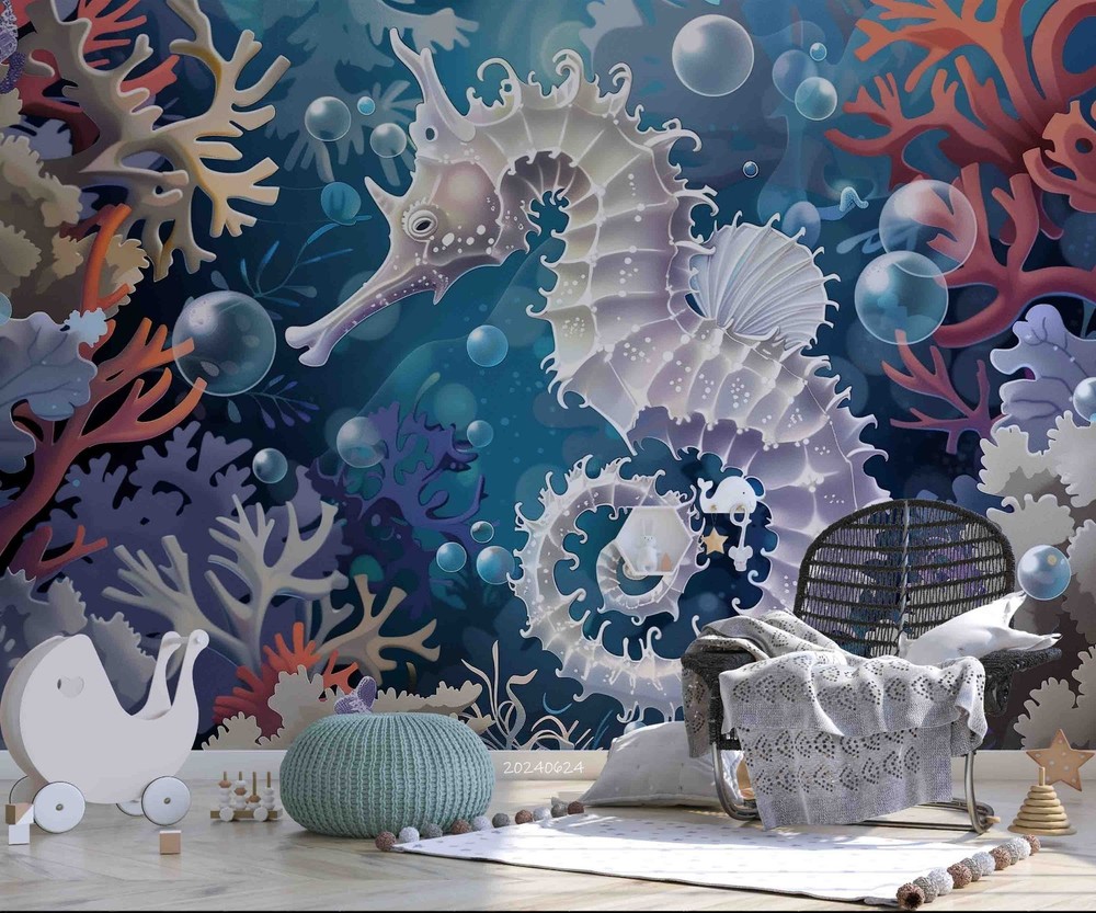 3D Seahorse Coral Watercolor Wall Murals Wallpaper Murals Wall Sticker 4