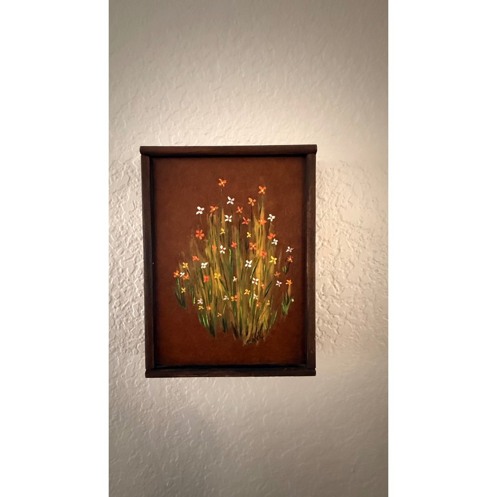 Vintage Mid Century Folk Art Painting Signed Cari Floral Handmade Wood Frame 5x8