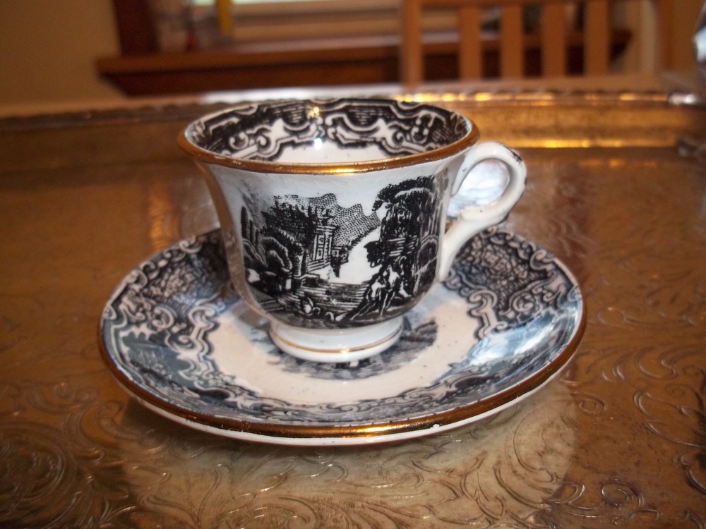 Antique Black Transferware Pickman Vistas Made In Spain Demistasse Cup Saucer