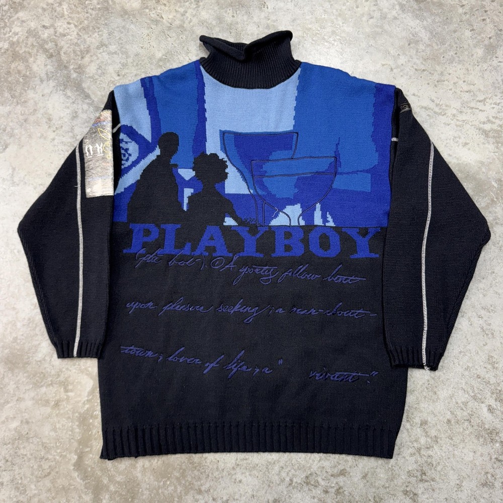 Playboy Marc Ecko Sweater Mens Extra Large Black Blue Knit Graphic Pullover XL