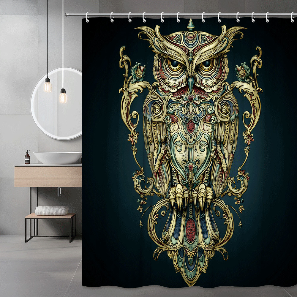 Owl Graphic Shower Curtain, Ornate Vintage Style, Dark Background