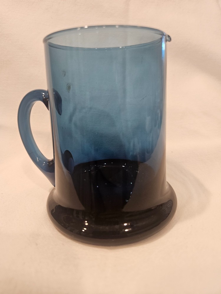 Vintage Hand Blown Blue Glass Pitcher Creamer Spout Applied Handle Art Glass