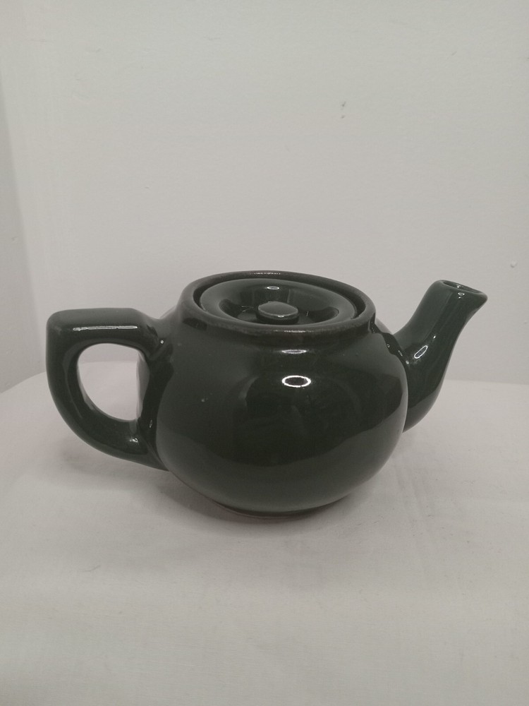 Vintage Ceramic Stoneware Dark Green Individual Teapot w/ Lid Medalta Canada