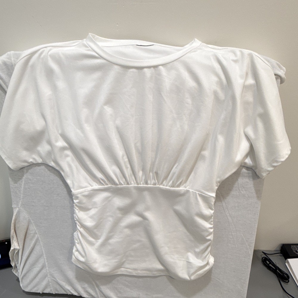 Women's Round Neck Solid White Cropped Pullover Top Short Sleeve Regular S