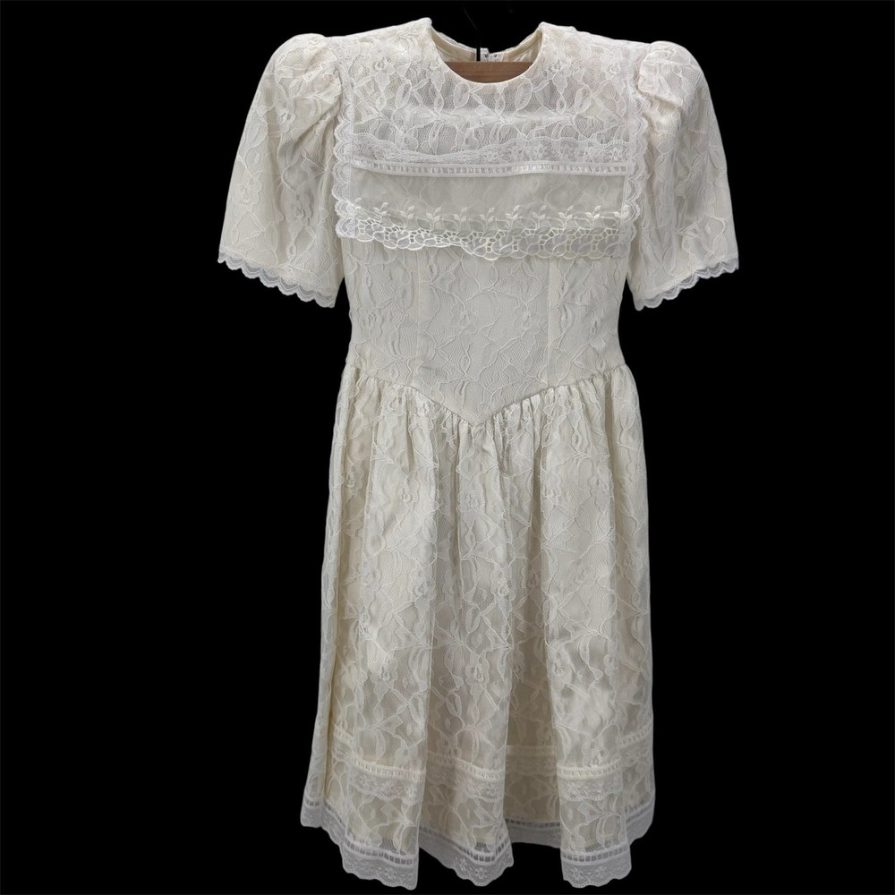 VTG Gunne Sax Jessica McClintock Flower Girl Dress White/Ivory Lace Puff Sleeve