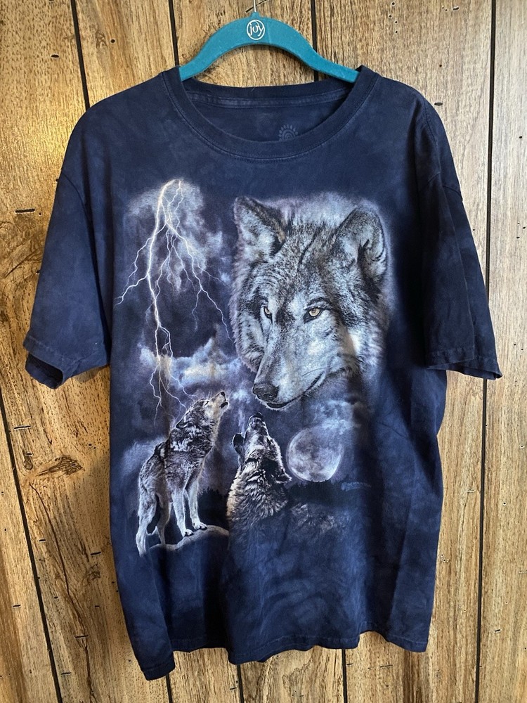 The Mountain Wolf Lightning Moon T-Shirt Mottled Tie Dye Blue Animal Print Large
