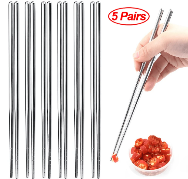 5 Pairs Stainless Steel Chopsticks Anti-Slip Sushi Chopsticks Food Chopsticks