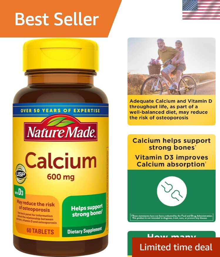 Calcium 600 mg with Vitamin D3 - Gluten-Free Bone Support Tablets, 60 Count
