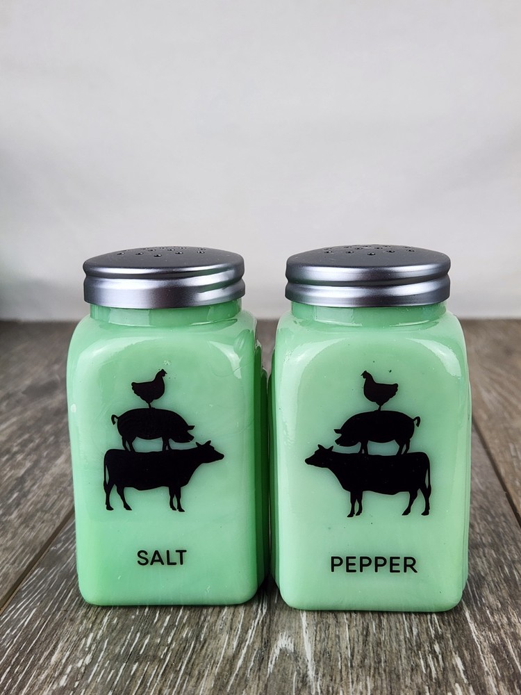 Jadeite Green Milk Glass Pin Up Salt & Pepper Shakers - Retro Kitchen Decor