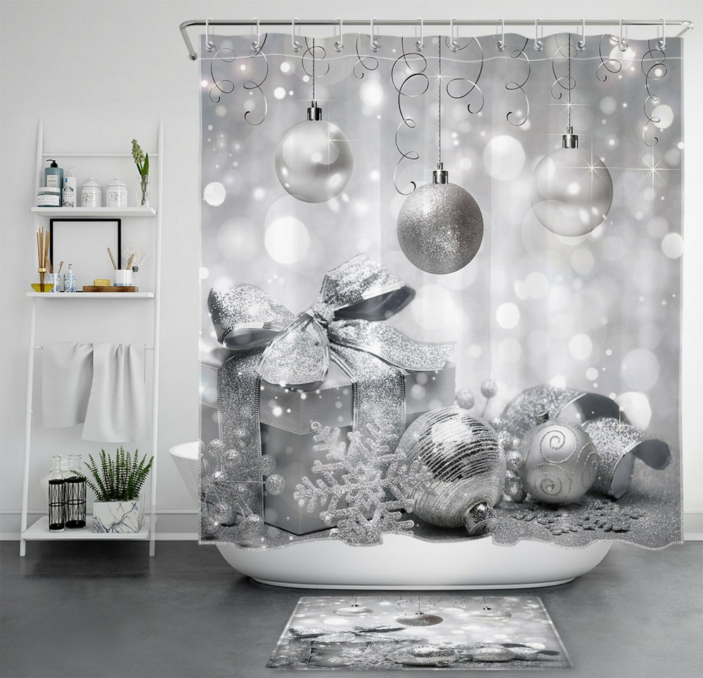 Silver Christmas Balls Snowflake Gifts Shower Curtain Bathroom Accessories Set