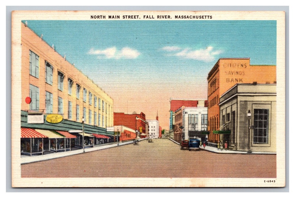 Fall River MA Massachusetts North Main Street View Unposted Linen Postcard