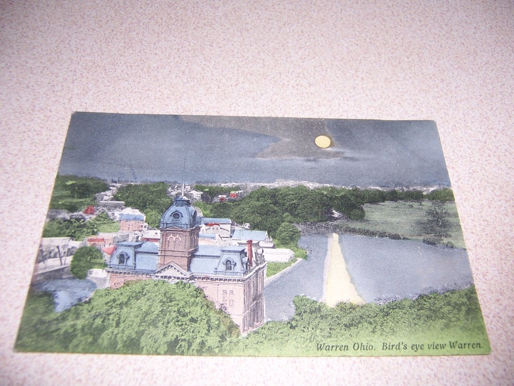 1908 Moonlight Birds-Eye View, Warren, Ohio Antique Postcard