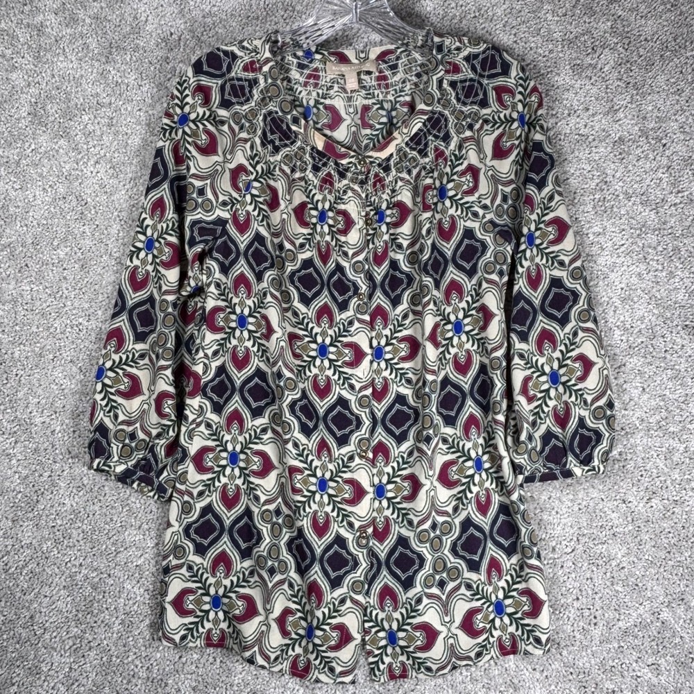 Banana Republic Women XS Smocked Neck 3/4 Sleeve Geometric Print Tunic Top