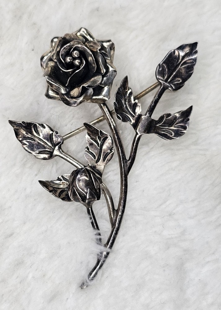 Vintage TWO TREES Taxco Mexico Sterling Silver Rose Brooch Pin TS-30 925...