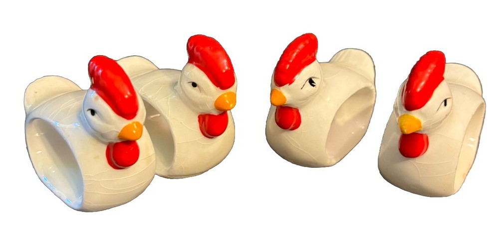 Napkin Rings Vintage White Ceramic Chicken Hen Country Set Of 4 Table Decoration