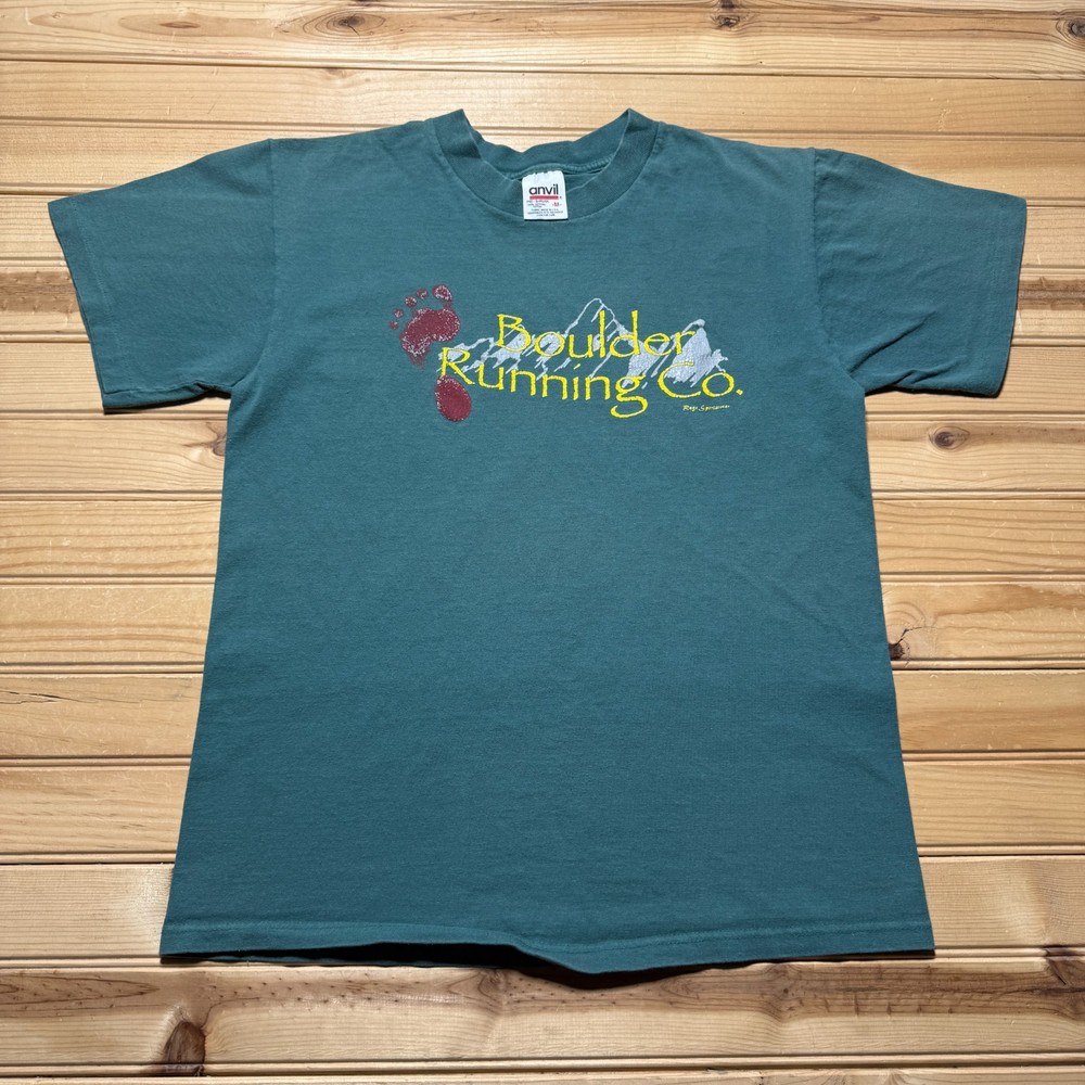Vintage 90s Boulder Running Co Mountain Footprint Graphic T-Shirt USA - Medium