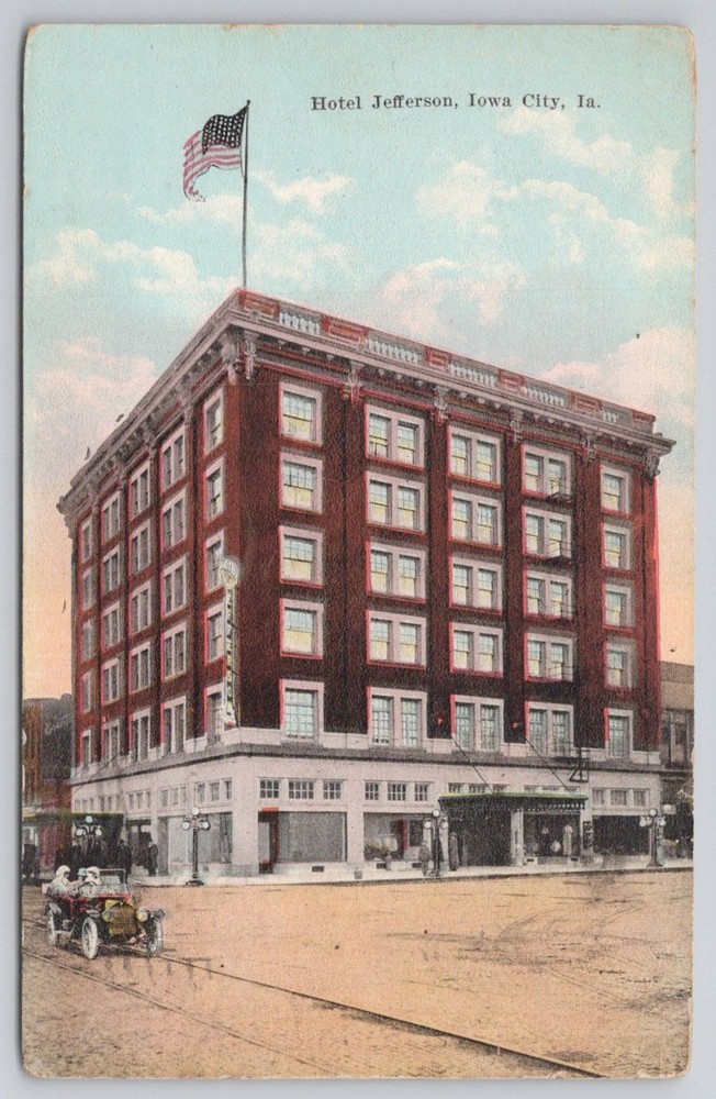 Hotel Jefferson Iowa City, IA Vintage Postcard 1948 American Flag Car