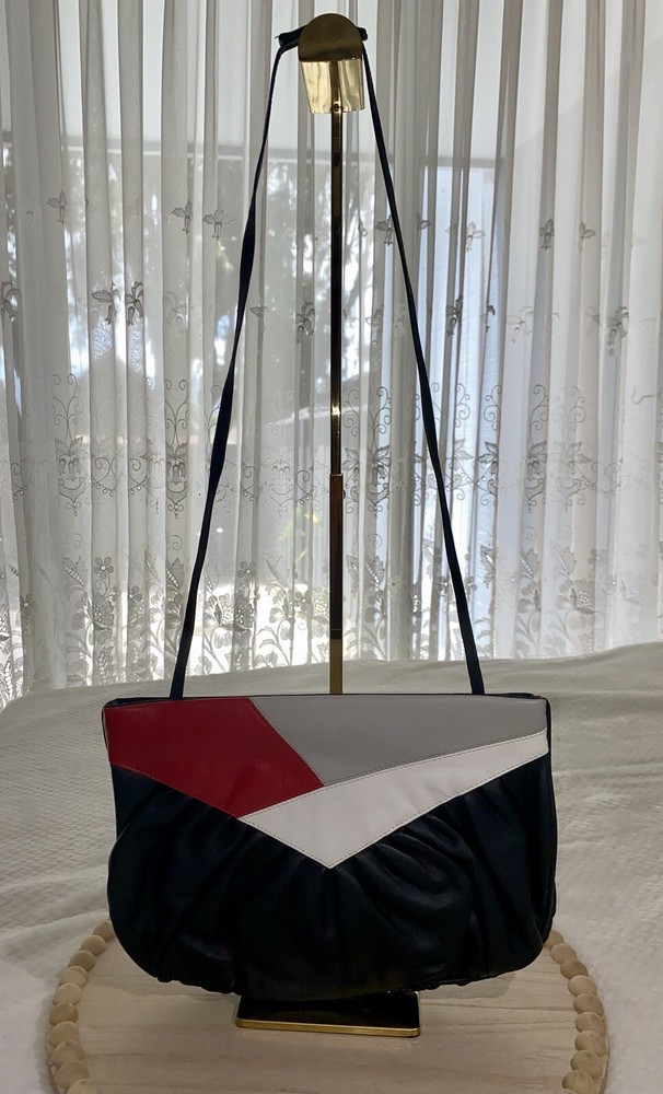 VIntage Black White Gray & Red Leather Clutch & Shoulder Bag