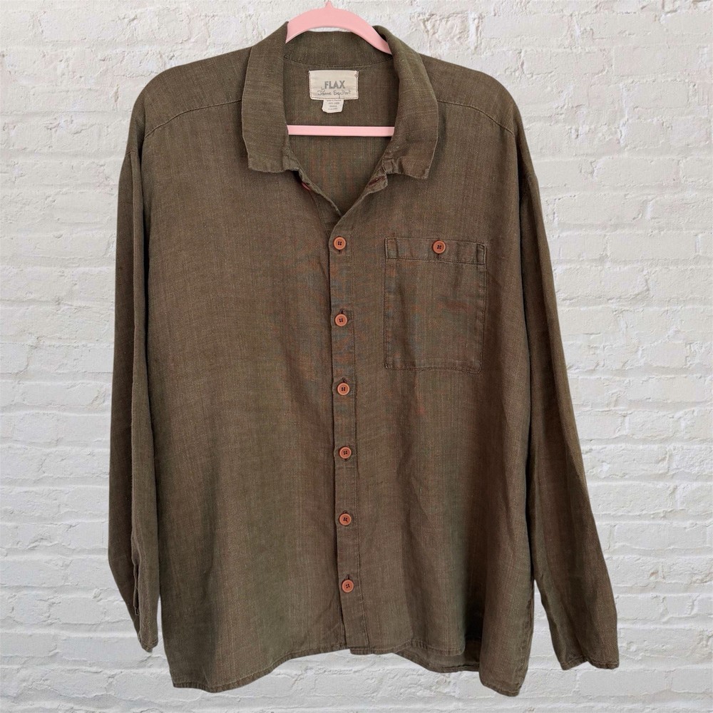 FLAX Jeanne Engelhart Green 100% Linen Button Up Shirt Tunic Sz Small Oversized