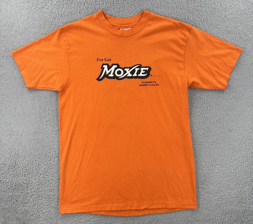 VTG Hanes Fifty-Fifty Mens L Orange Single Stitch USA Made Shirt MOXIE Maine 80s